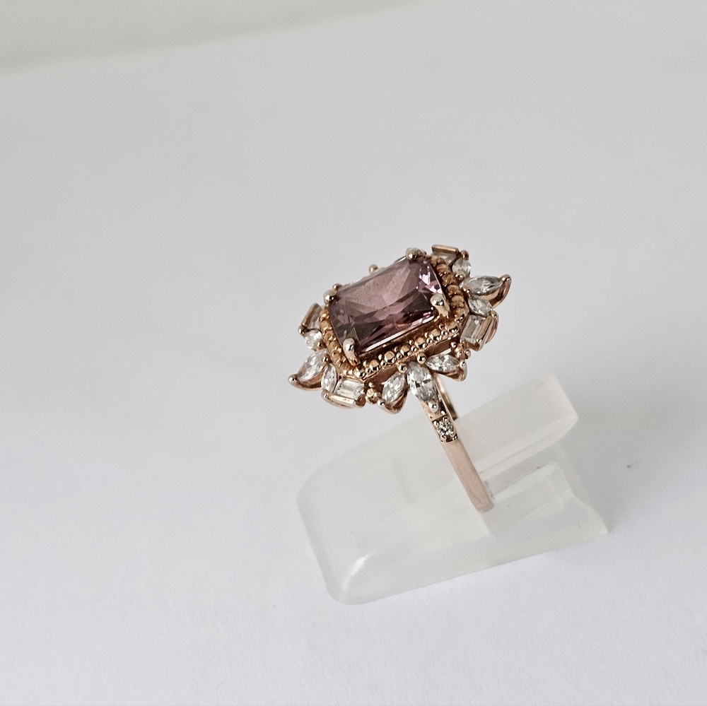 Art Deco Style Morganite & Diamond Simulants 18K Rose Gold Sterling Silver Sz 5 - Picture 3 of 8
